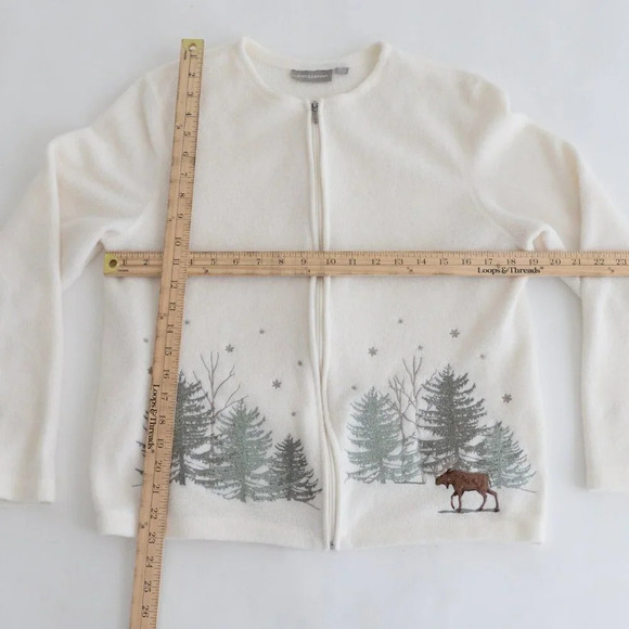 Vintage Croft And Barrow Cream Embroidered Moose Forest Zip Cardigan Sweater M - Picture 4 of 9